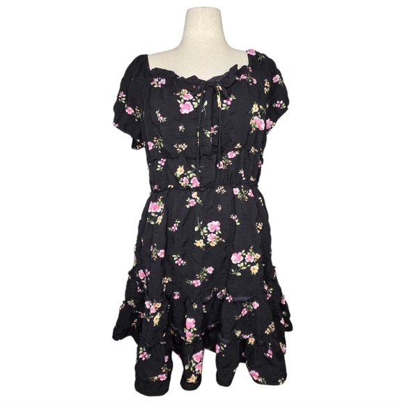 Arula Black Floral Puff Sleeve Tiered Mini Dress Size X Plus Size - Picture 1 of 7